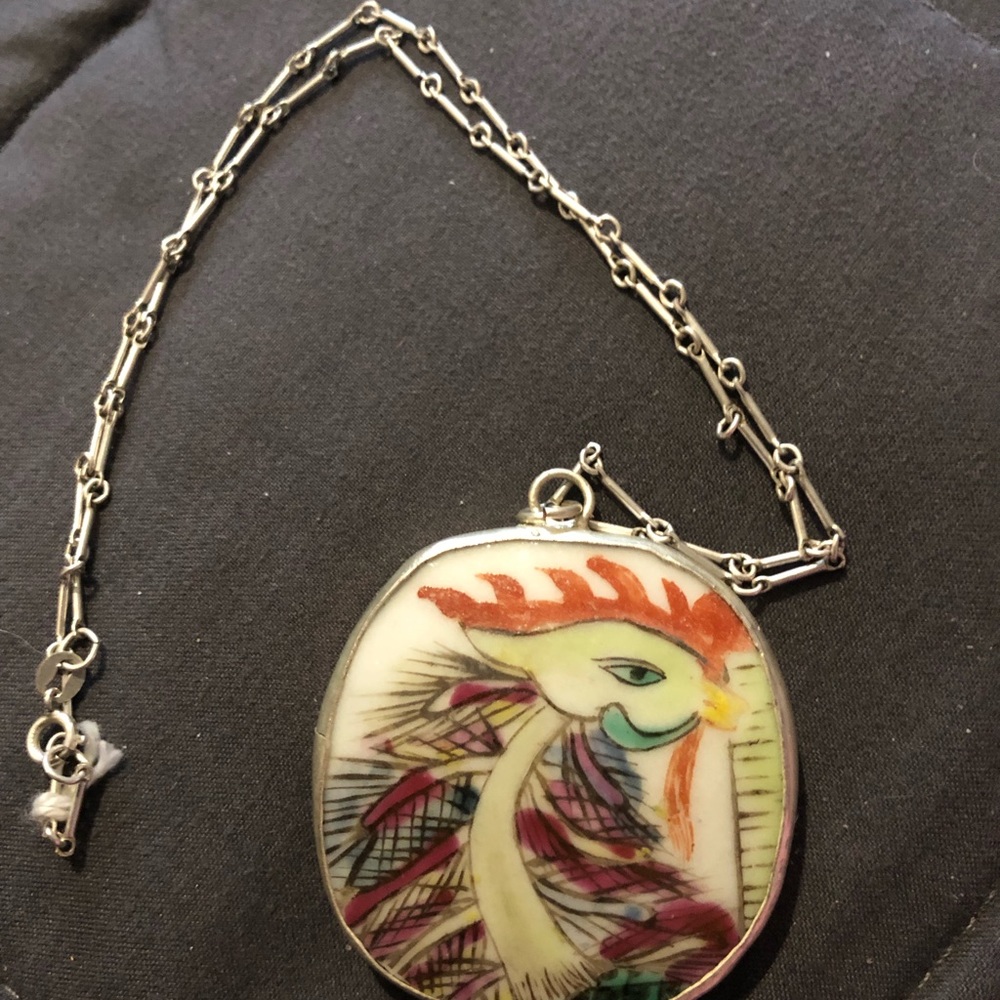 Vintage Porcelain shard rooster pendant necklace